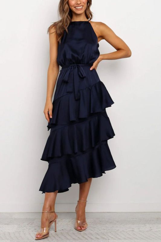 Ruffle Fashion Solid Color Sleeveless A-Line Elegant Fit Party  Maxi Dress