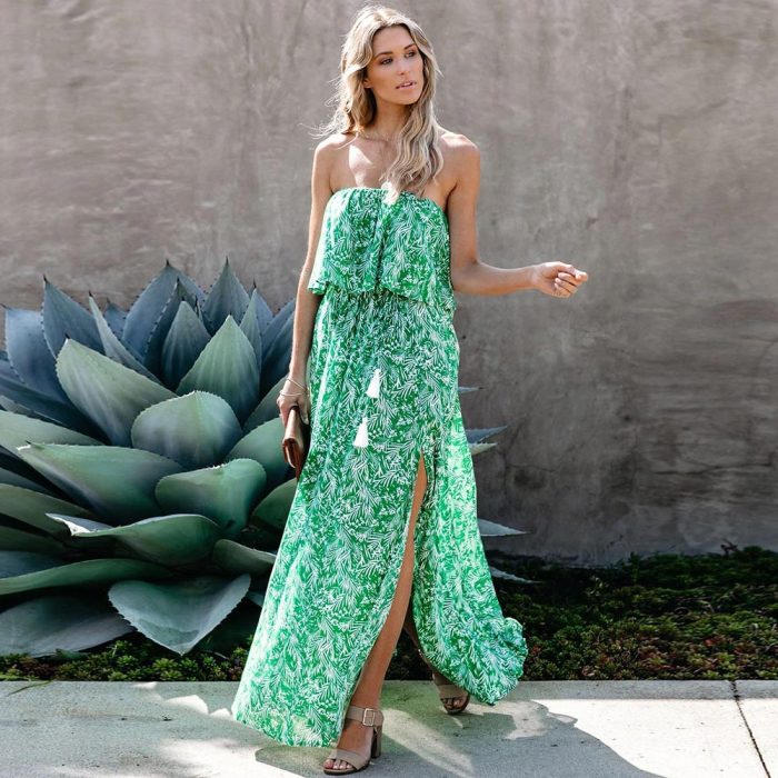 Fashion Print Ruffle Backless Slit Summer Beach Casual  Maxi Dress