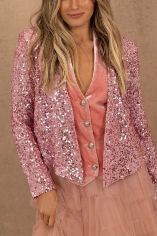 Women's Fashion Sequin Stand Collar Colorful Cropped Casual Jacket