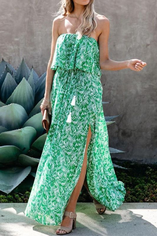 Fashion Print Ruffle Backless Slit Summer Beach Casual  Maxi Dress
