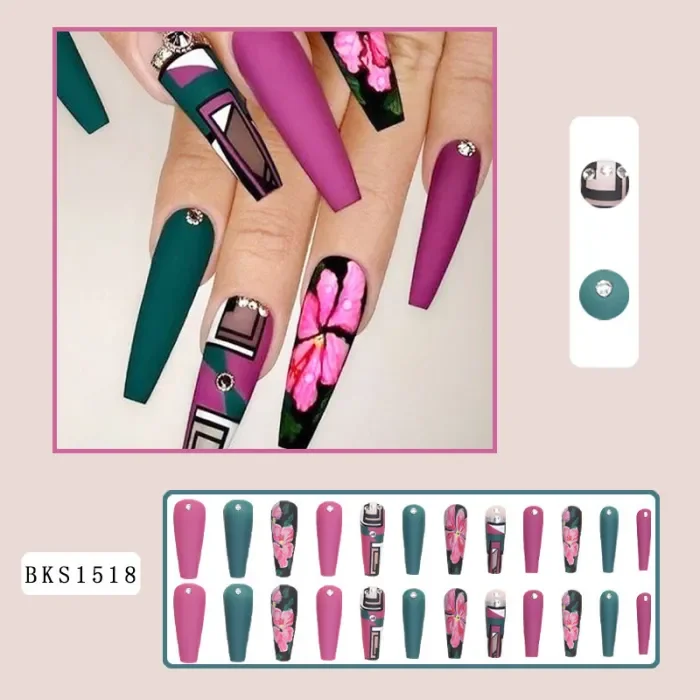 24PCS Fashion Cherry Blossom Geometric  Wearable Short Nail