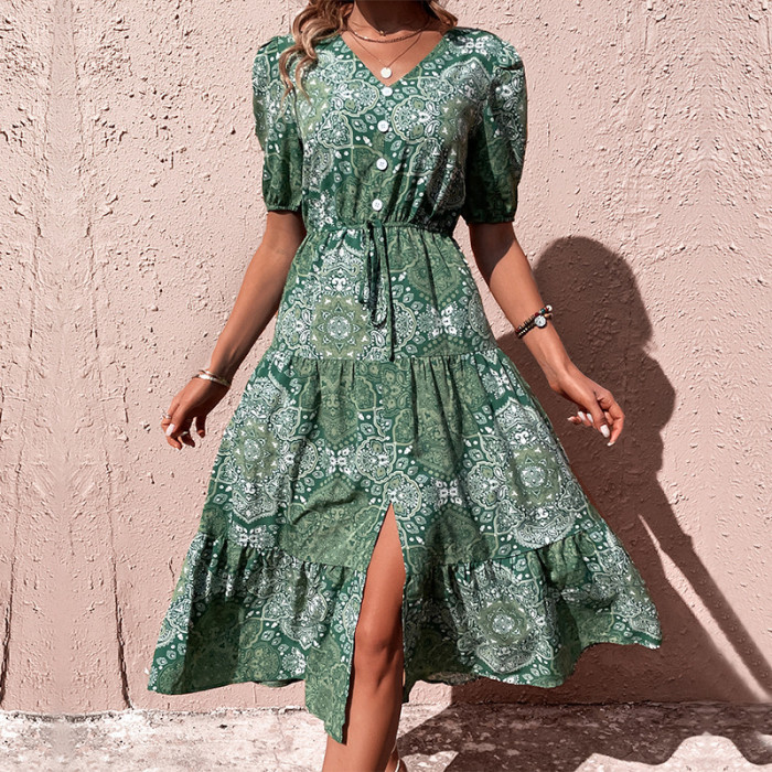 Fashion Ladies Elegant A-Line Printed V-Neck  Maxi Dress