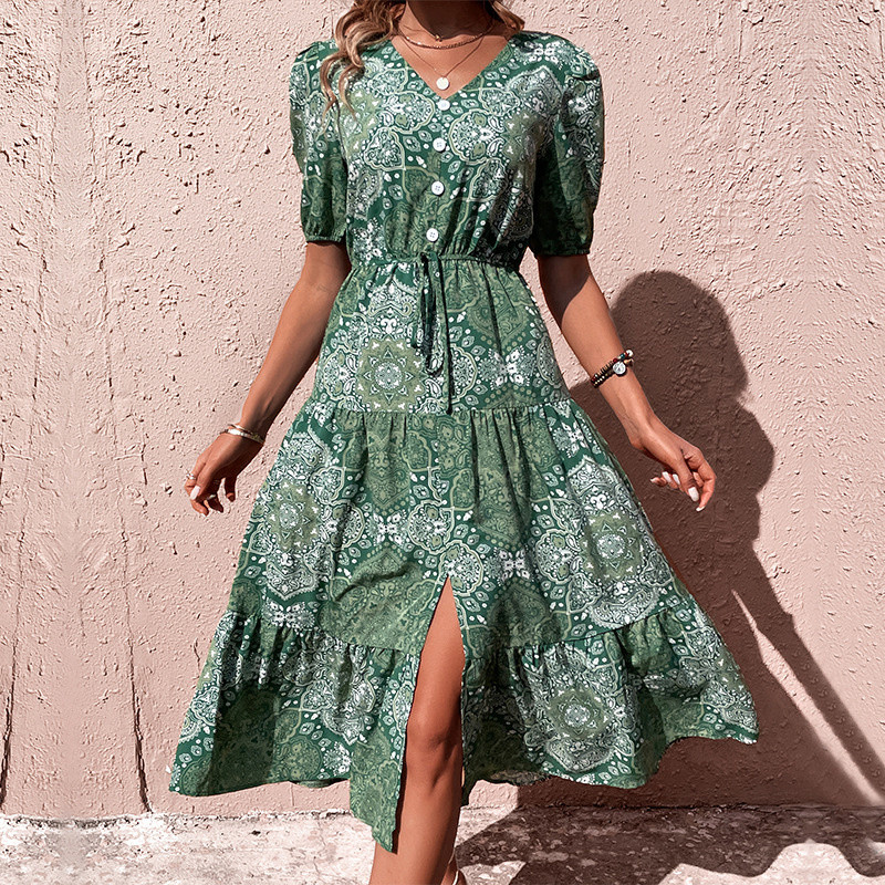 Fashion Ladies Elegant A-Line Printed V-Neck  Maxi Dress