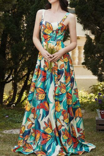 Stylish Floral Print Off Shoulder Sleeveless Holiday A-Line  Maxi Dress