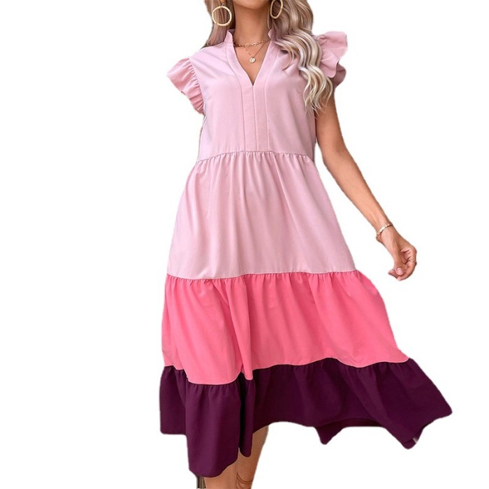 Women's Summer V-Neck Stitching Color Ruffle Sleeve Fashion Midi Dress