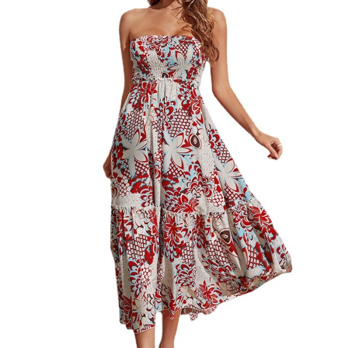Women's Summer Bohemian Style Print Fashion Sexy Print  Midi Dress