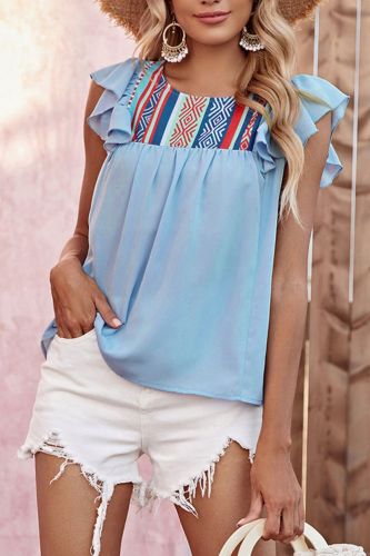 Women's Fashion Sky Blue Ruffle Sleeves Casual Patchwork  Blouses