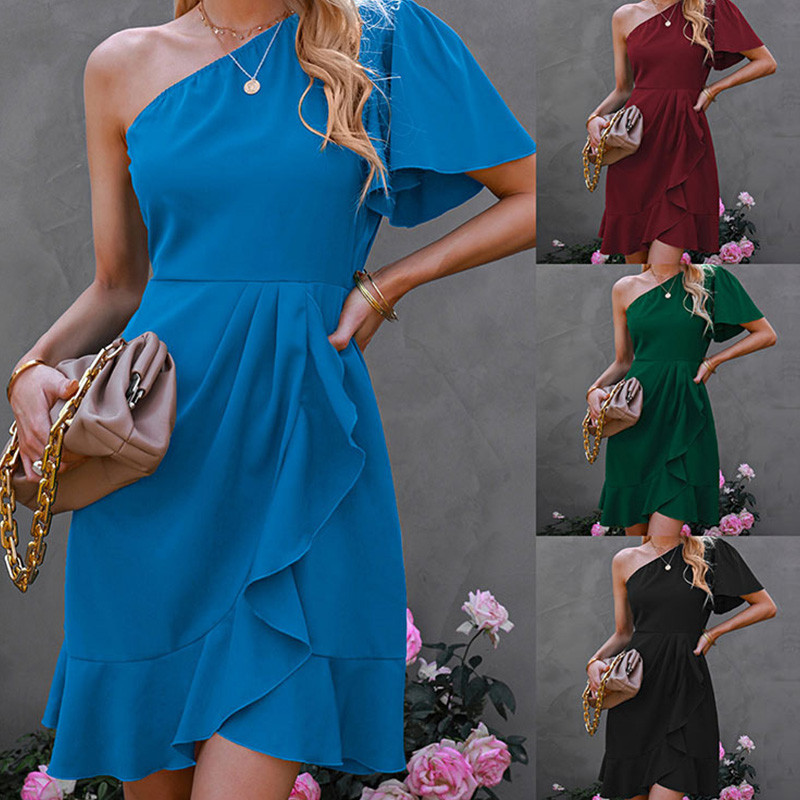 Fashion Solid Color High Waist One Sleeve Slanted Shoulder Ruffle  Mini Dress