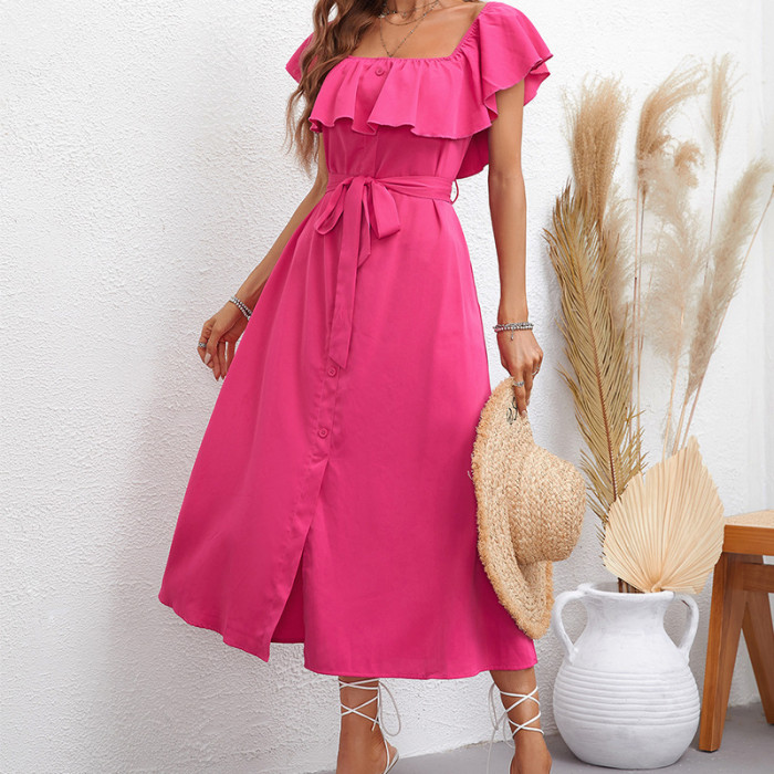 Women's Casual Lace Square Neck Slim Fit Fashion Slit  Midi Dress