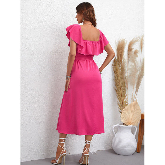 Women's Casual Lace Square Neck Slim Fit Fashion Slit  Midi Dress