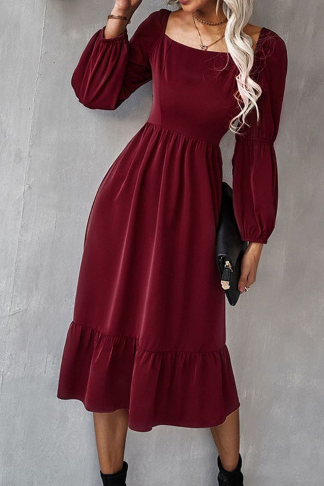 Elegant Square Neck Vintage Fashion Balloon Sleeves Solid Color Party  Midi Dress