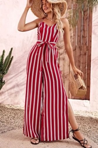 Fashion Loose Stripe Print Sleeveless Cargo Jumpsuit