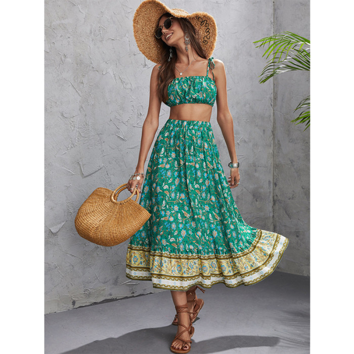 Summer Women's Bohemian Style Printed Casual Suit  Midi Dress