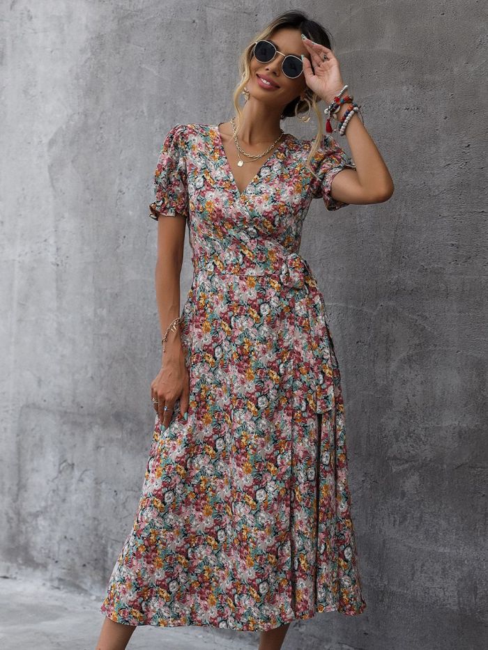 Chic Summer Print Floral V Neck Casual High Waist Slit Midi Dress