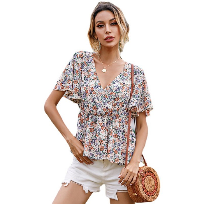 Women's Summer V Neck French Waist Print Loose Bohemian Top  Blouses & Shirts