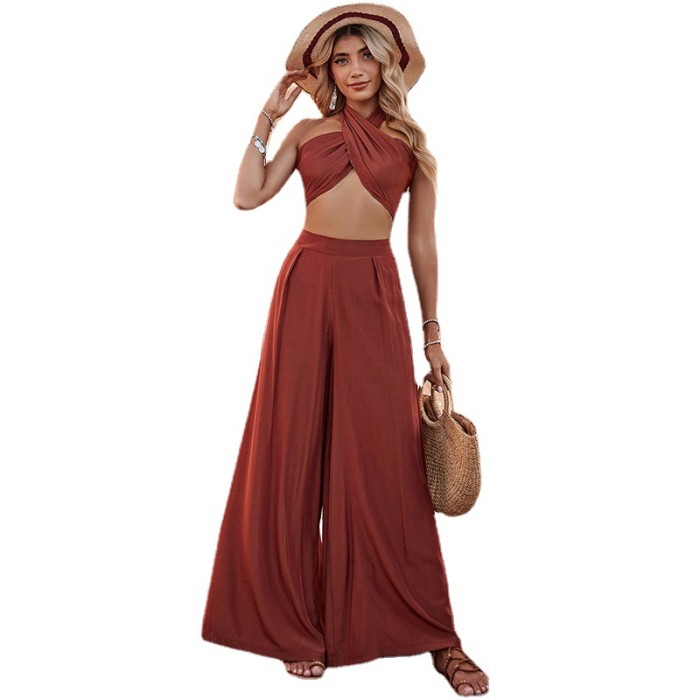 Women's Solid Color Fashion Sexy Halter Neck Top High Waist Wide Leg Pants Two-Piece Set