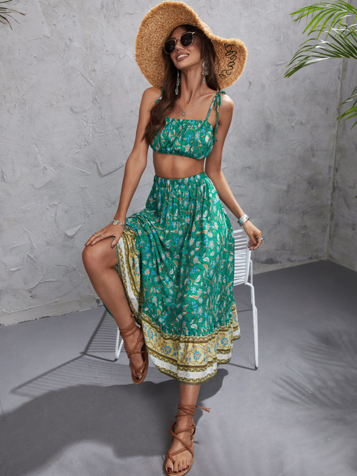 Summer Women's Bohemian Style Printed Casual Suit  Midi Dress
