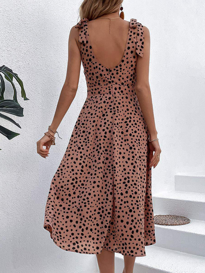 Elegant Polka Dot Print Casual Backless Sleeveless Tie Stylish A-Line Midi Dress