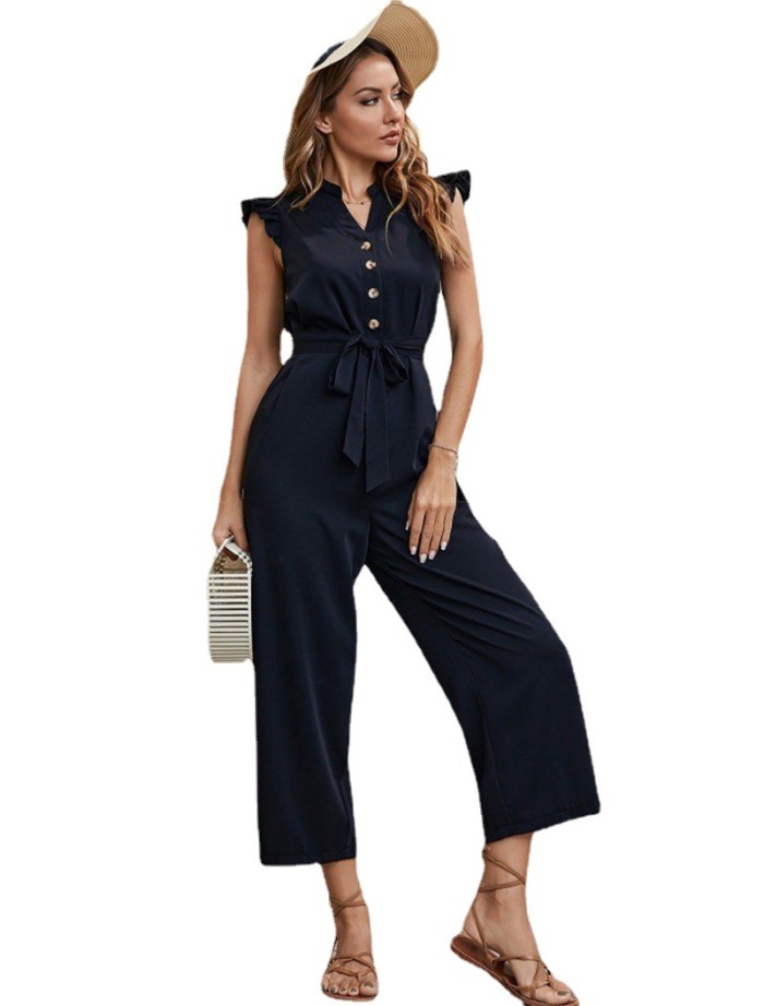 Fashion Elegant Retro Solid Color V Neck One-breasted Button Ruffle Jumpsuit