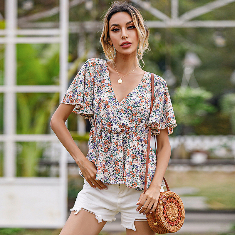Women's Summer V Neck French Waist Print Loose Bohemian Top  Blouses & Shirts