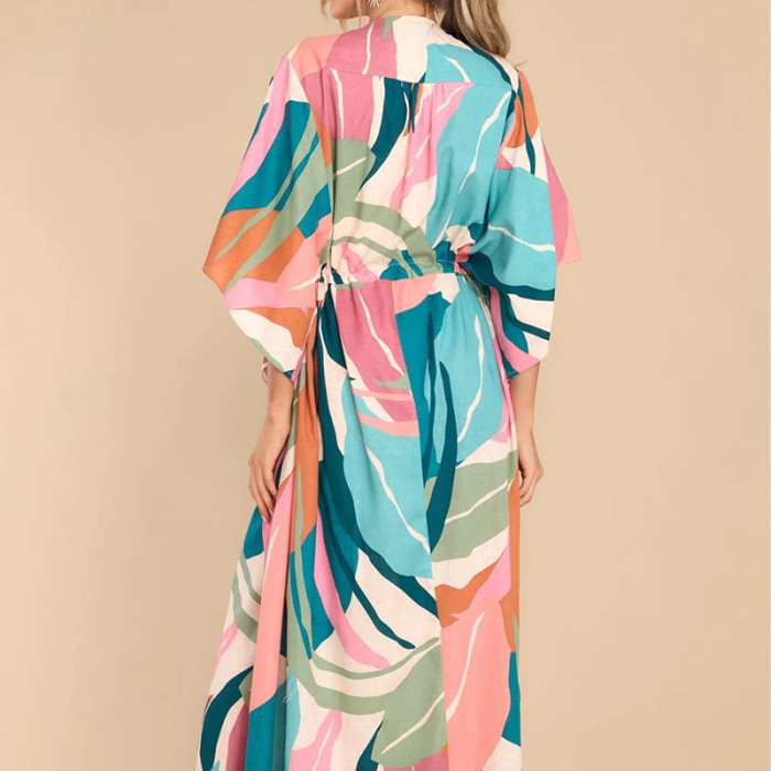 Fashion Printed Dolman Sleeve Pleated Bohemian Loose Swing  Maxi Dress