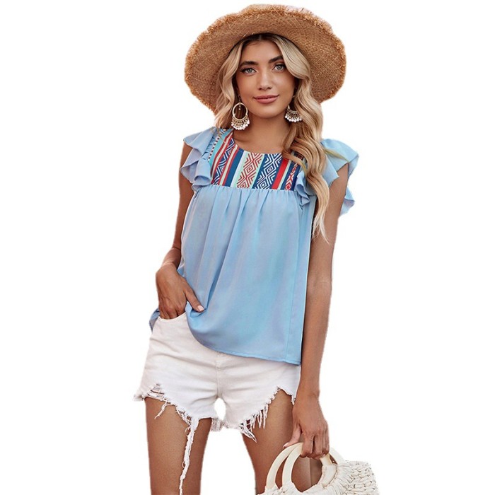 Women's Fashion Sky Blue Ruffle Sleeves Casual Patchwork  Blouses