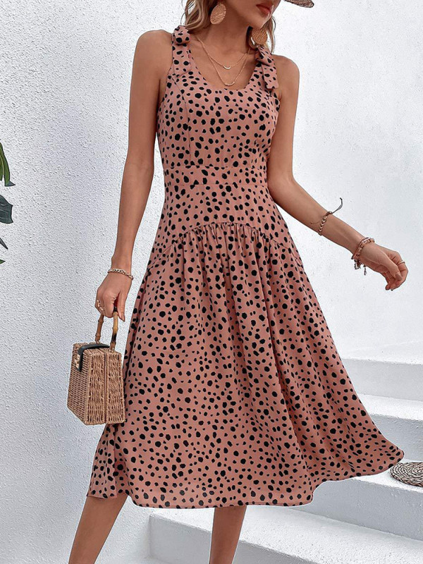 Elegant Polka Dot Print Casual Backless Sleeveless Tie Stylish A-Line Midi Dress