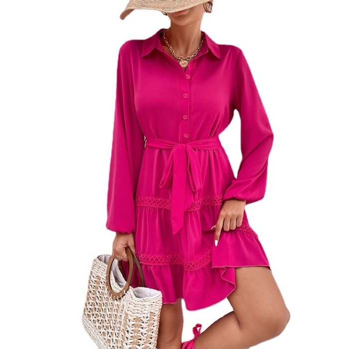 Casual Fashion Sexy Solid Color Tie Stand Collar Long Sleeve  Mini Dress