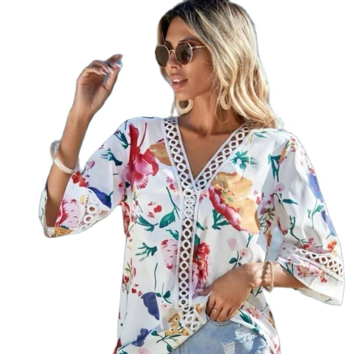 Women's Fashion Lace Trim Bell Sleeve V-Neck Loose Printed Blouse
