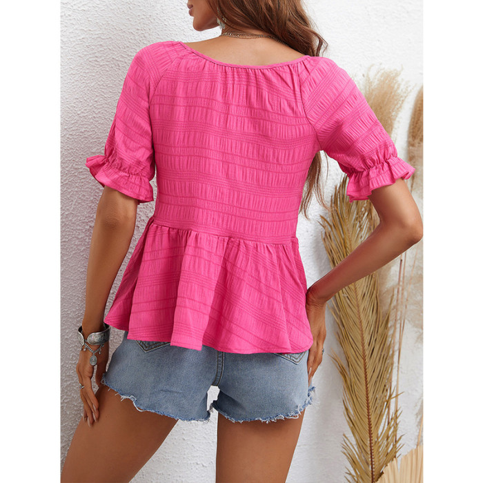 Women's Summer Solid Color Round Neck Puff Sleeve Lace Top  Blouses & Shirts