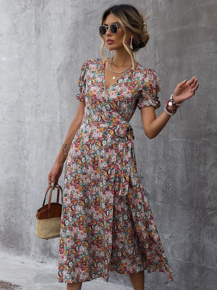 Chic Summer Print Floral V Neck Casual High Waist Slit Midi Dress