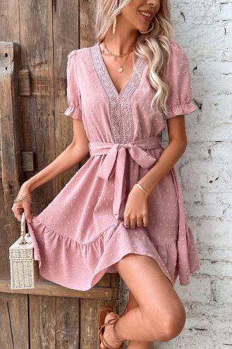 Lace Stitching Casual Puff Sleeve Ruffle Beach Fashion V Neck  Mini Dress