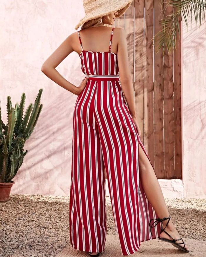 Fashion Loose Stripe Print Sleeveless Cargo Jumpsuit