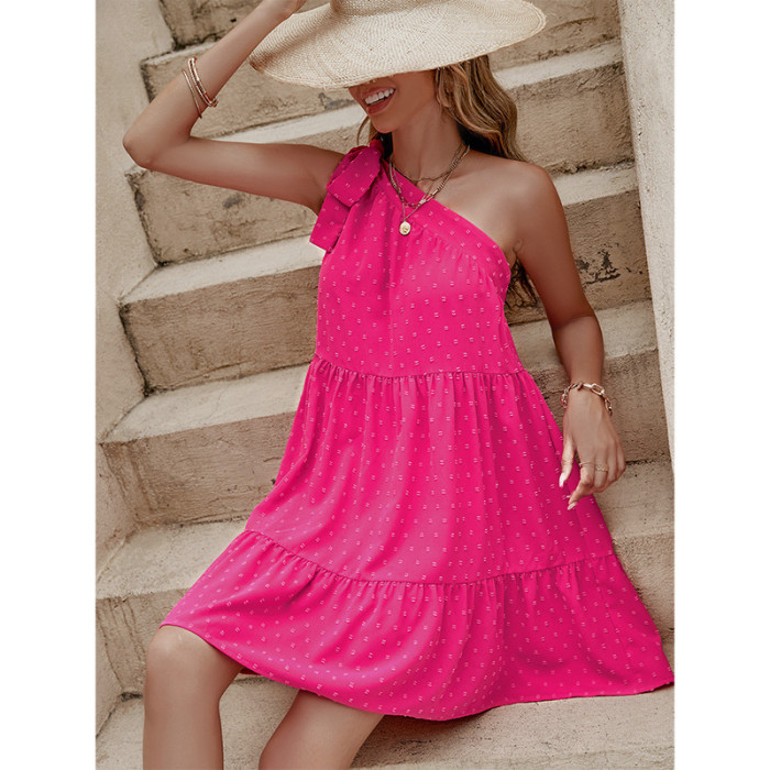 Summer Solid Color Fashion Slanted Shoulder Ties A-Line Party Mini Dress