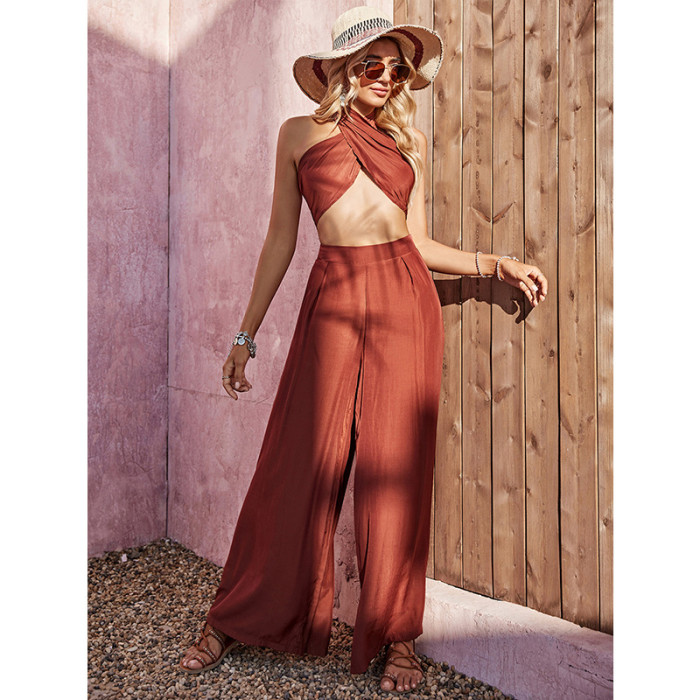 Women's Solid Color Fashion Sexy Halter Neck Top High Waist Wide Leg Pants Two-Piece Set