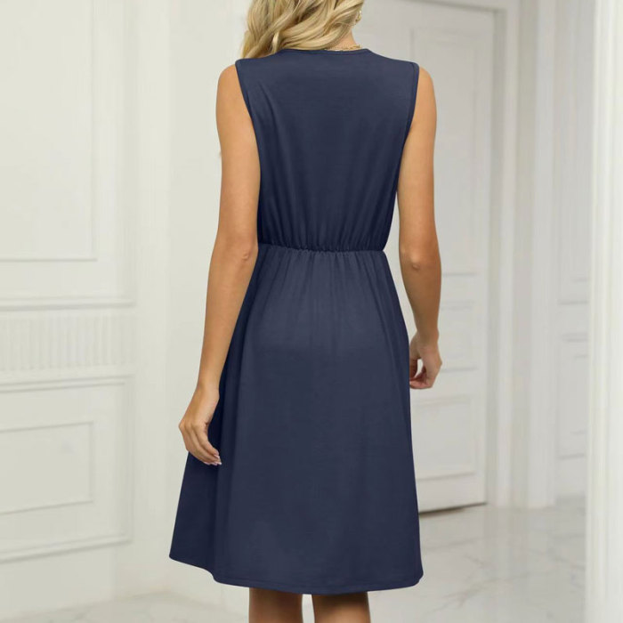 Women's Casual V Neck Lace Sleeveless Slim Office Elegant A Line Mini Dress