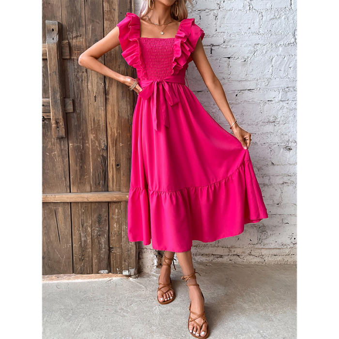 Elegant Fashion Lace Ruffle Square Neck Solid Color High Waist A-Line Midi Dress