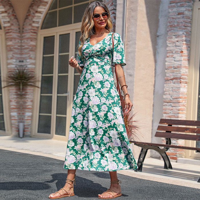 Ladies Summer Fashion Casual Printed Elegant  Maxi Dress