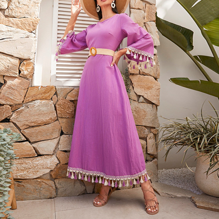Fashion Elegant Ethnic Tassel Long Sleeve Loose Holiday  Maxi Dress