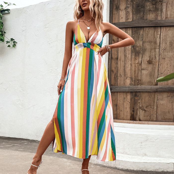 Summer Sexy Dewdrop V Neck Stripe Fashion A-Line Holiday Slit Tie Maxi Dress