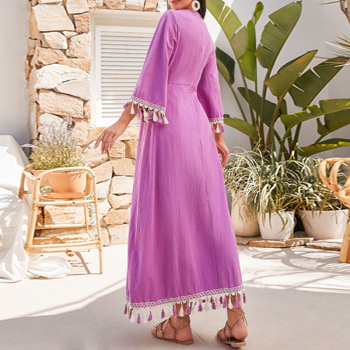 Fashion Elegant Ethnic Tassel Long Sleeve Loose Holiday  Maxi Dress