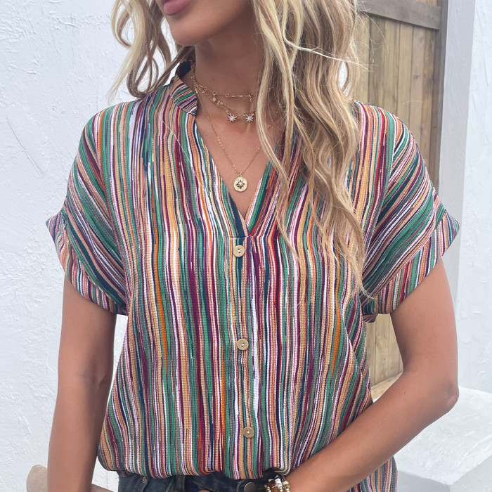 Summer Fashion Ladies Casual Colorful Striped Button Short Sleeve Blouses & Shirts
