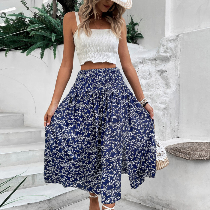 Summer Women Fashion Casual Blue Printed Mid Length Skirt