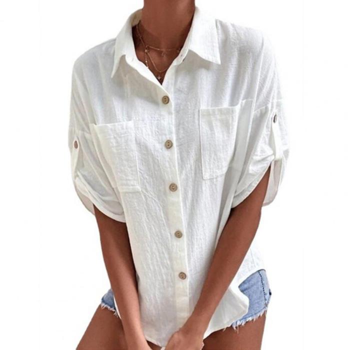 Women's Cotton Linen Lapel Pocket Solid Color Loose Casual  Blouses & Shirts