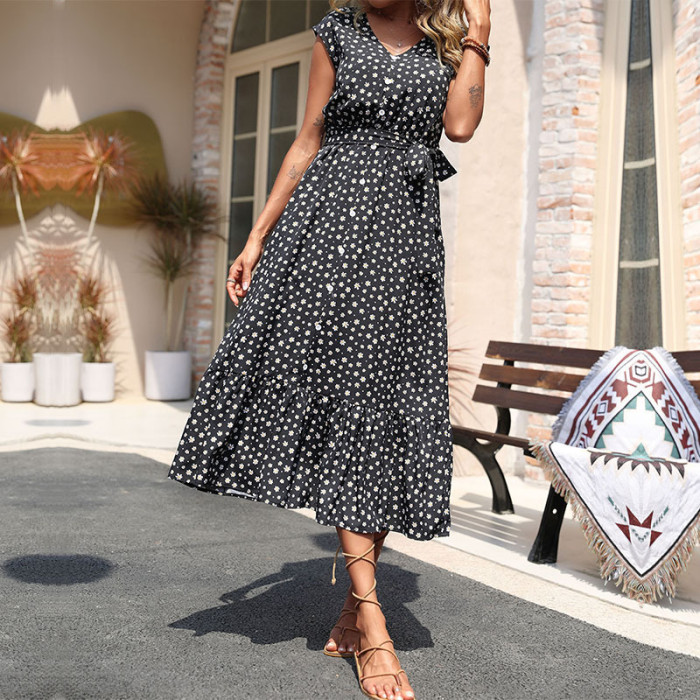 Fashion Floral Summer Thin Loose Breathable Slim V-Neck Casual  Maxi Dress
