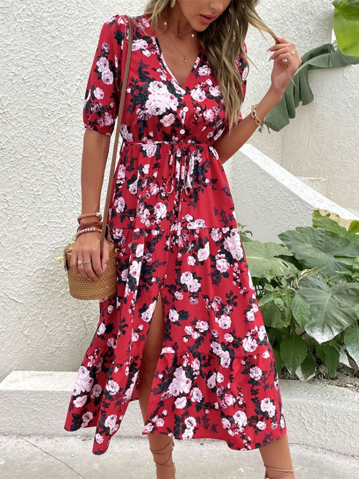 Print Ruffle Retro Elegant V Neck Button Tie Party  Maxi Dress
