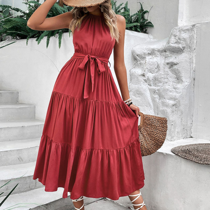 Summer Fashion Ladies Camisole Solid Color Pleated Party Elegant  Maxi Dress