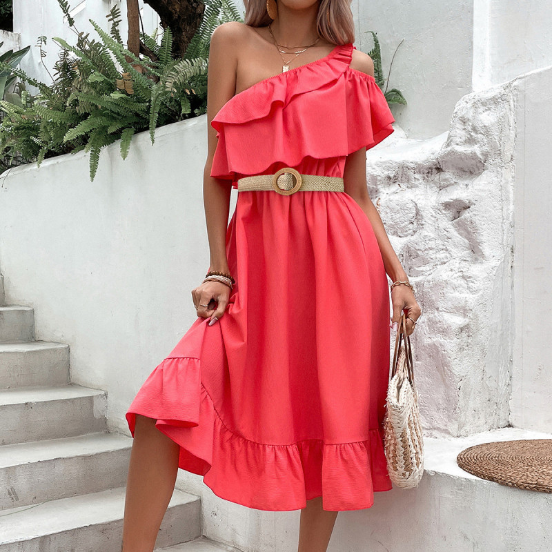 Elegant Fashion Ruffled Solid Color Sexy High Waist A-Line Midi Dress