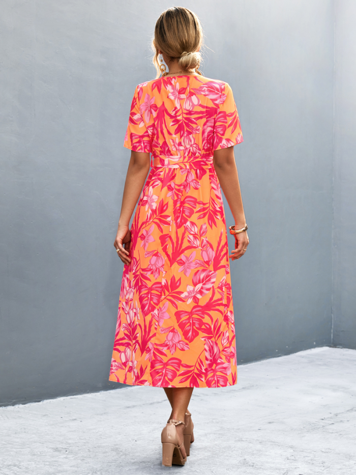 New Crossover V Neck A-Line Elegant Print Tie Midi Dress