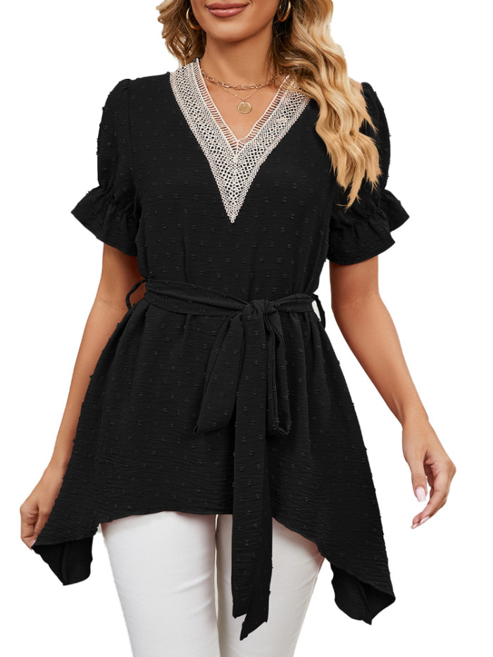 Women Short Sleeve Solid V-Neck Poylester Tunic Tops with Waistband  Blouses & Shirts